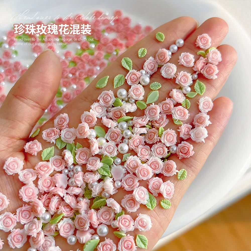 30-Pc 3D Pearl Rose Nail Charms | Mixed Size Flower Nail Art Nail Art Charms QXL