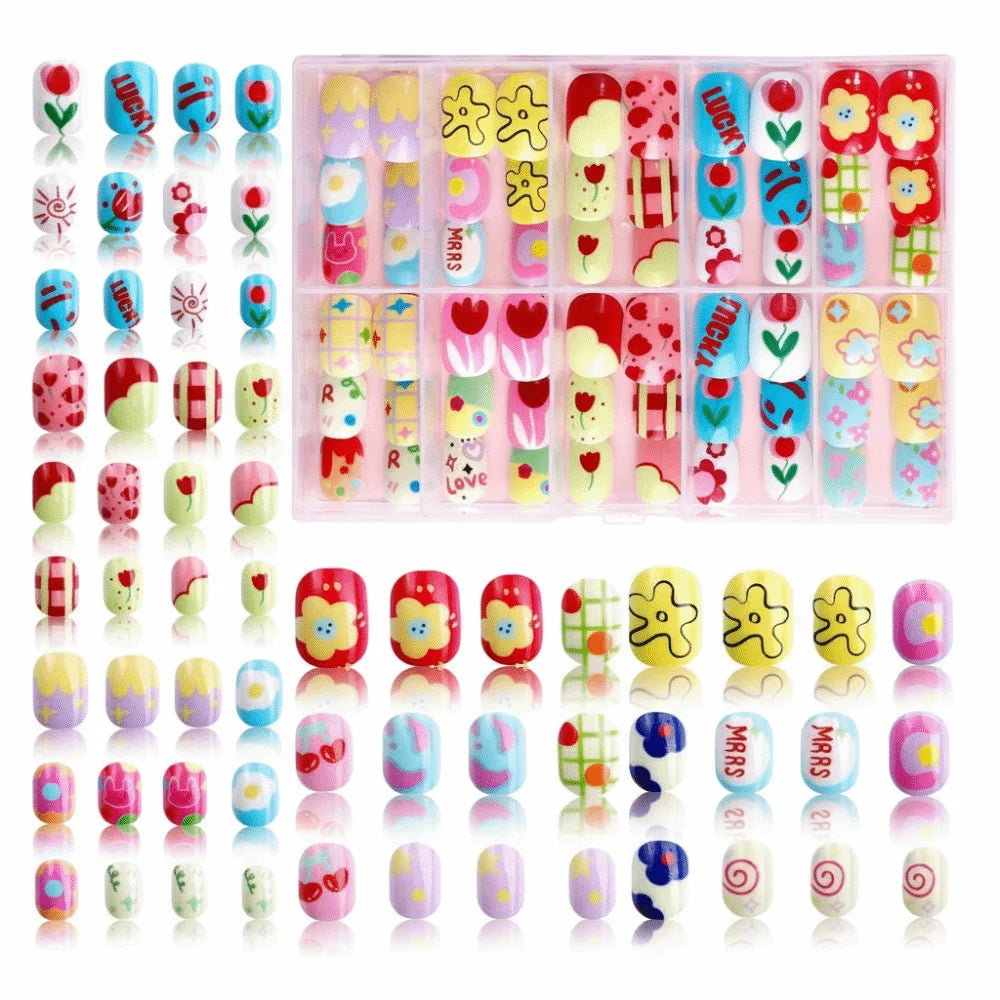 Kawaii Kids Press-On Nails | 120pc Cute Cartoon Fake Nails Kids Press-On Nails QXL