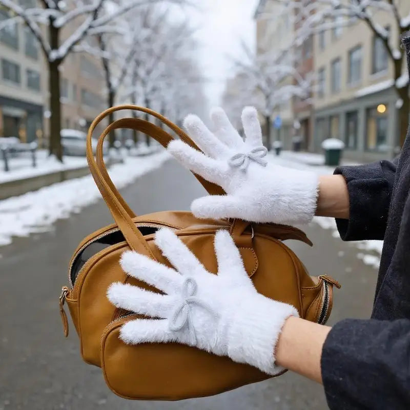 Women's Plush Bow Thermal Gloves | Touchscreen Winter Gloves Winter Gloves QXL