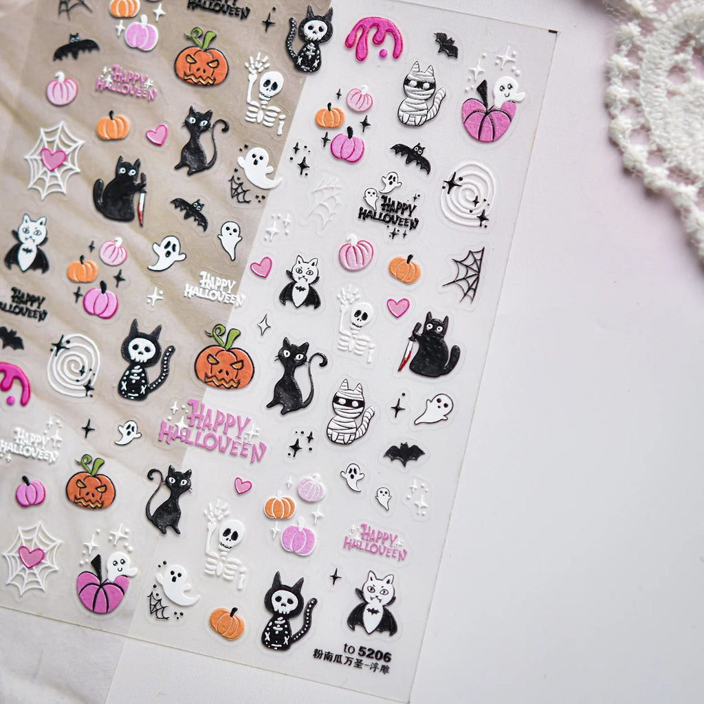 Pink Halloween 5D Nail Stickers – Pumpkins Cats Ghosts Skulls Nail Art Stickers QXL TO5206