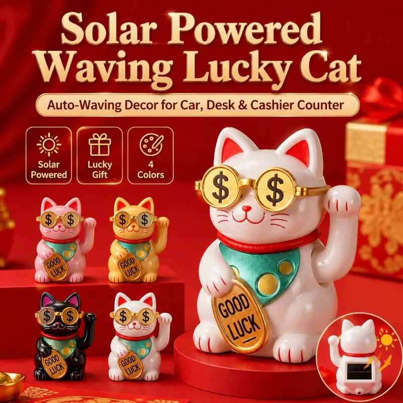 Solar Waving Lucky Cat | Maneki Neko Car & Desk Decor Decorative Figurine QXL