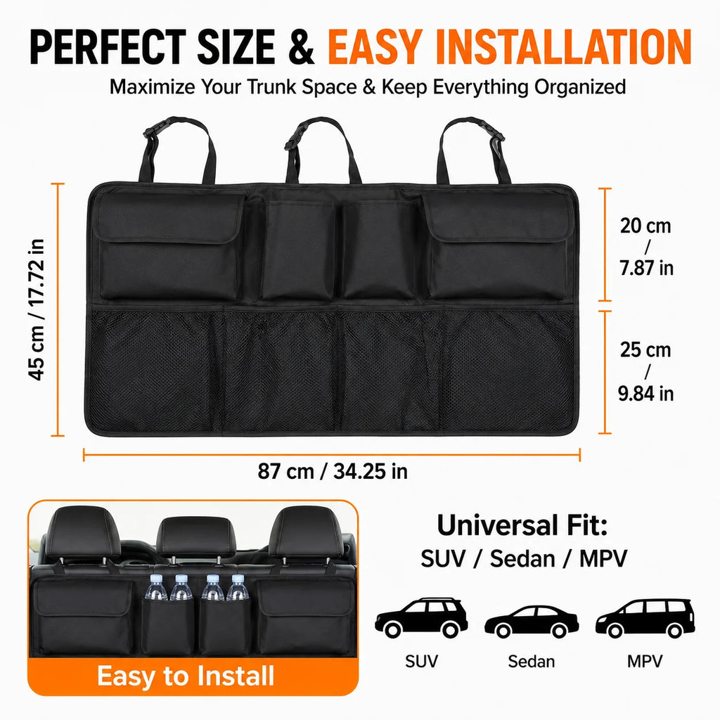 Car Seat Back Organizer – Trunk Bag with Mesh Pockets & Hooks Car Trunk Organizer QXL