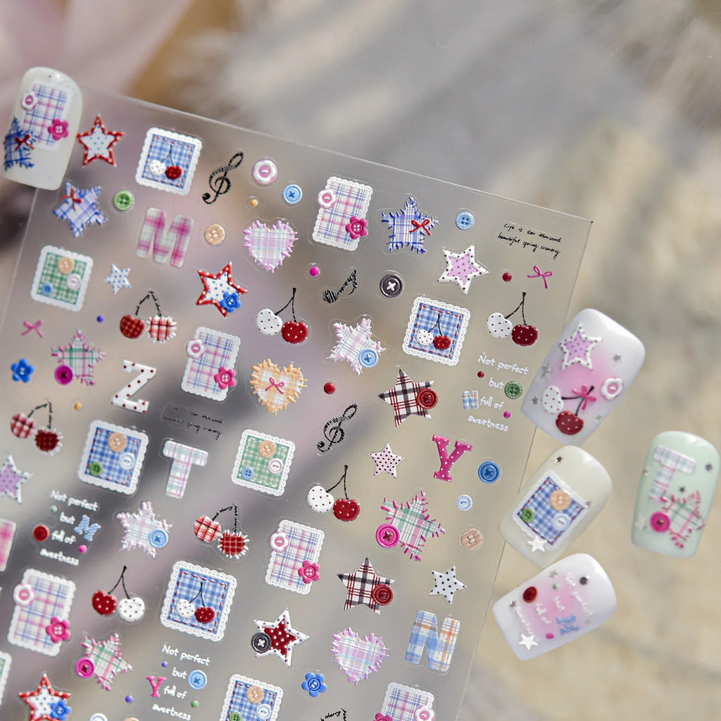 5D Nail Stickers – Plaid, Hearts, Cherries & Star Decals Nail Art Stickers QXL