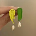 French Retro Asymmetrical Pearl Drop Earrings | Oil Painting Pearl Drop Earrings QXL B