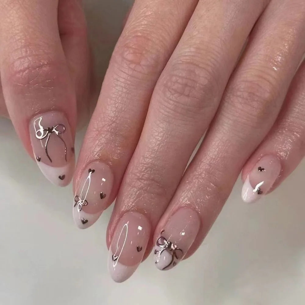 24-Pack Pink Almond Stiletto Fake Nails | Pearl Bow Press-Ons Press-On Nail Set QXL
