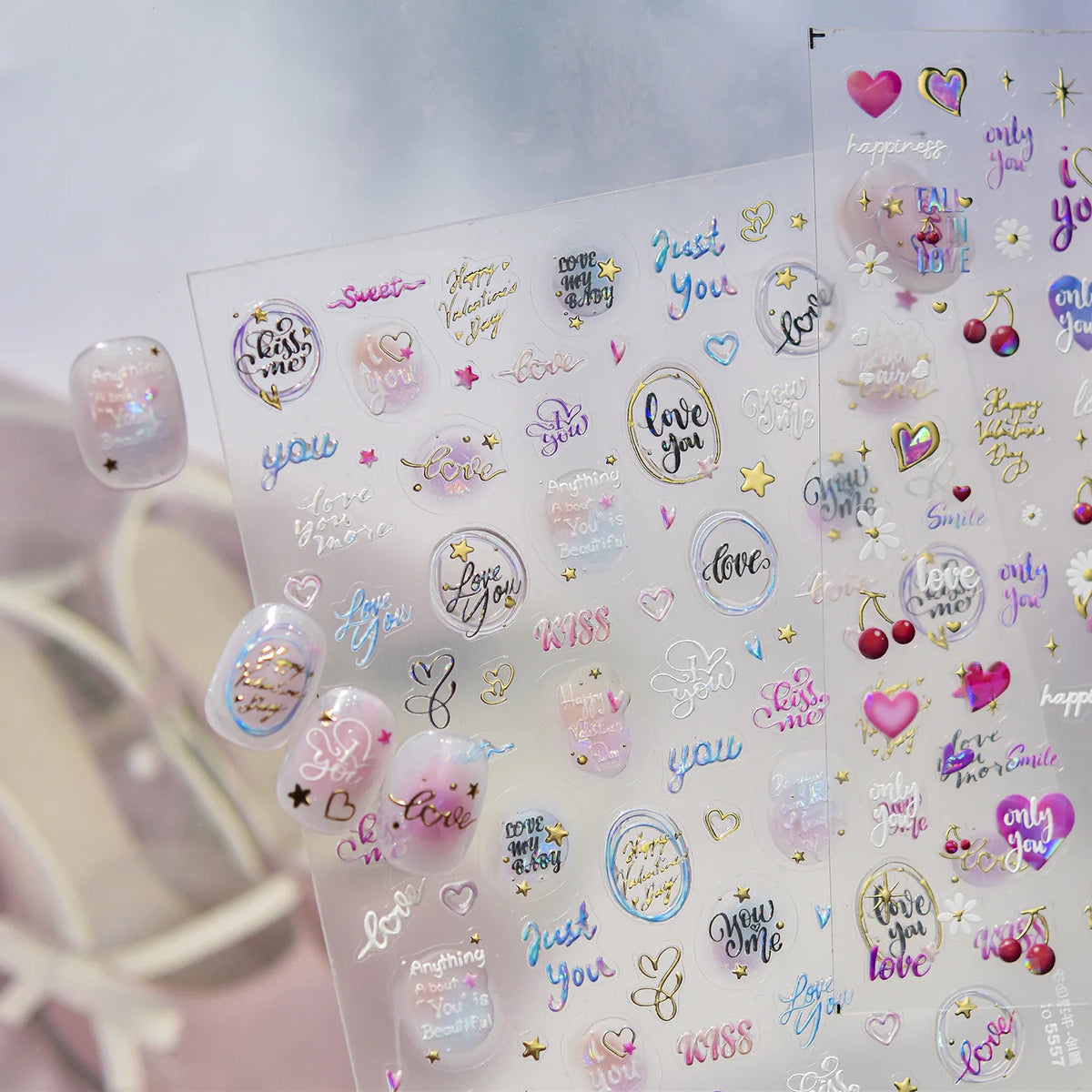 5D Holographic Laser Nail Stickers | Heart Star Cursive Decals Nail Art Stickers QXL