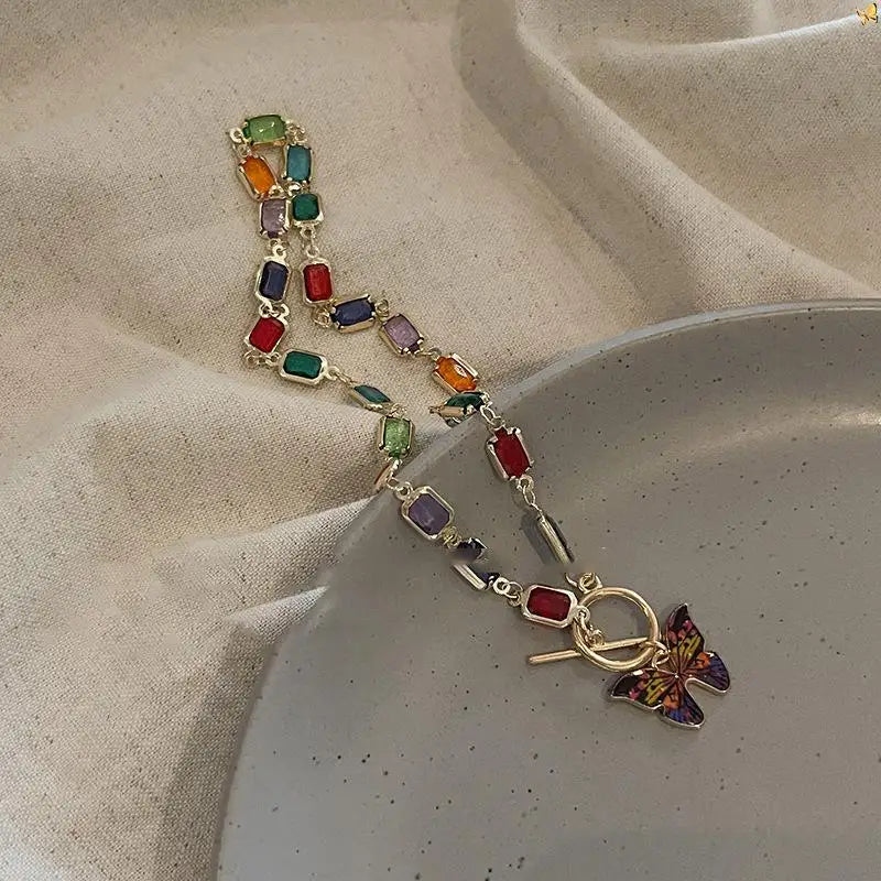 Retro Butterfly Rainbow Crystal Choker Necklace | Boho Pendant Crystal Pendant Necklace QXL A2