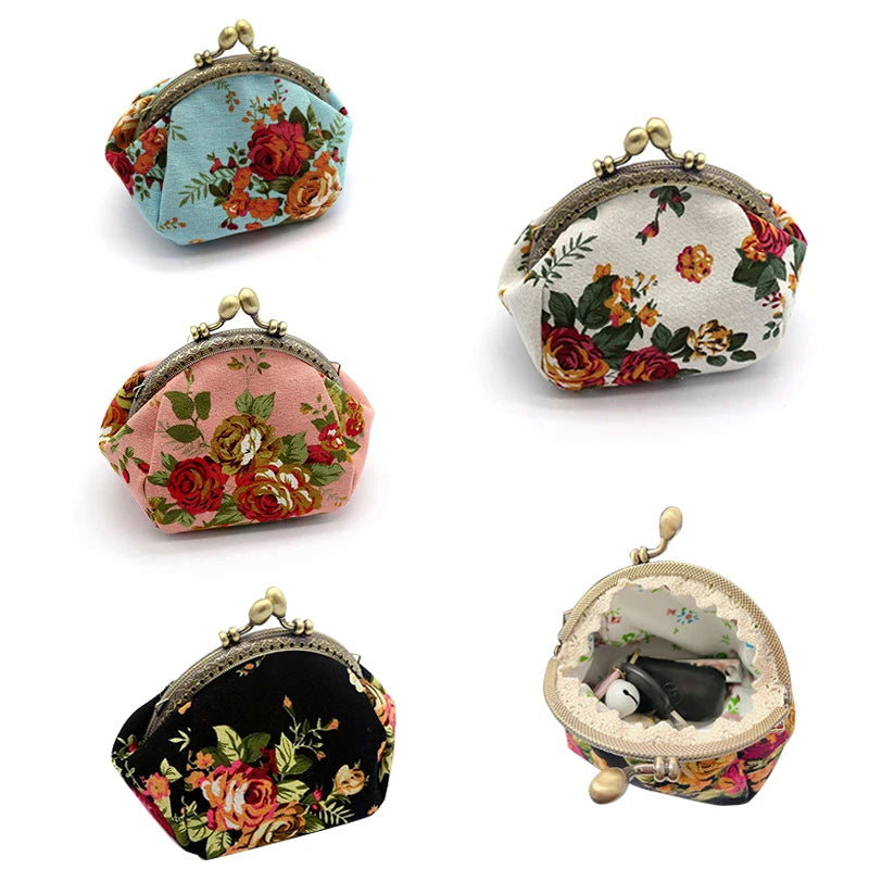 Women's Vintage Rose Canvas Coin Purse – Kiss Lock Clip Bag Canvas Coin Purse QXL