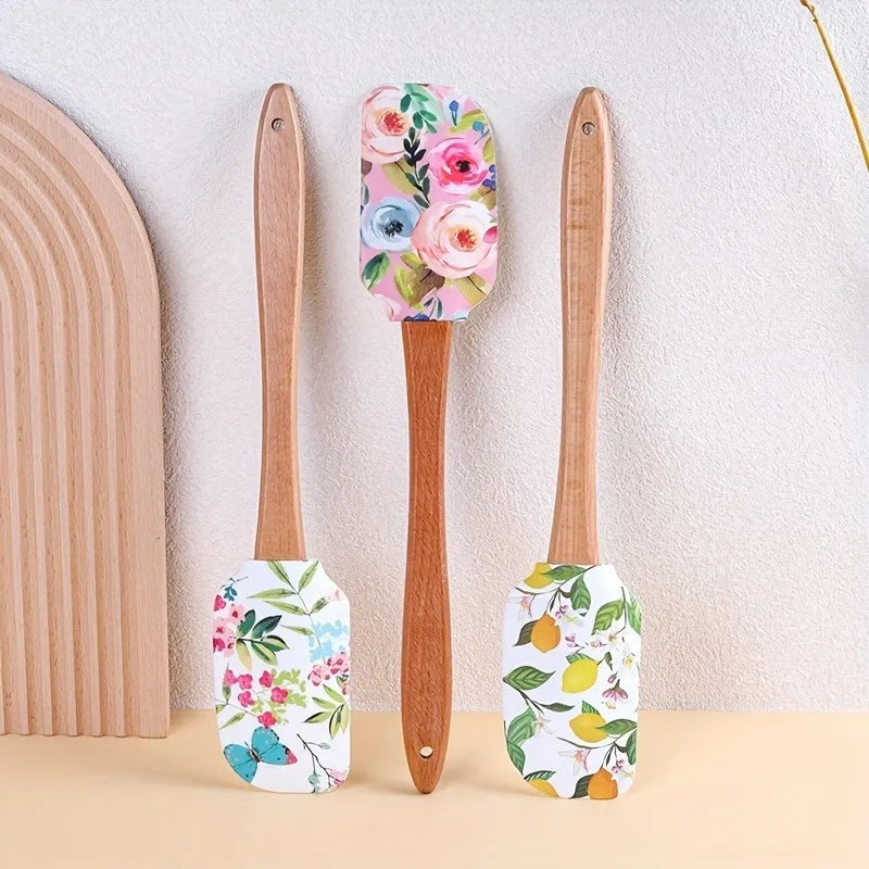 Floral Silicone Spatula Set with Wooden Handle | Baking Silicone Spatula Set QXL