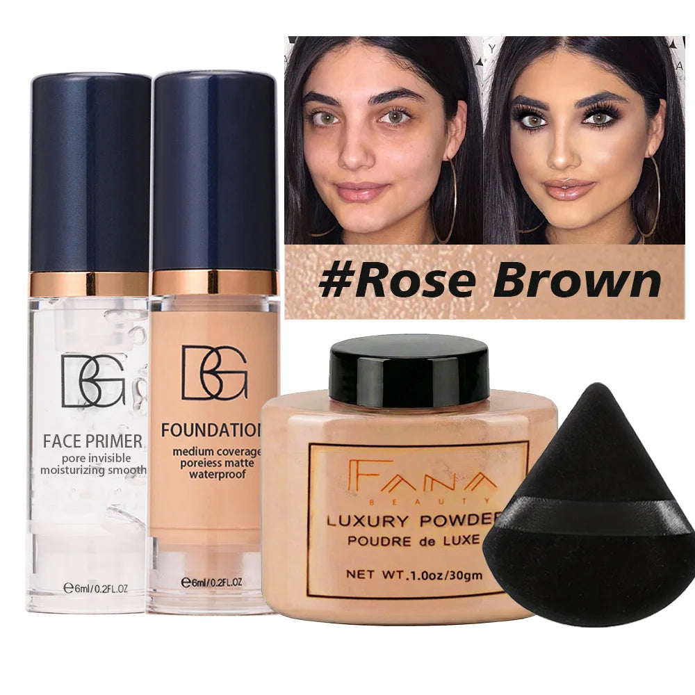 4-Pc Face Makeup Set | Primer, Foundation, Powder & Puff Face Makeup Set QXL SET4