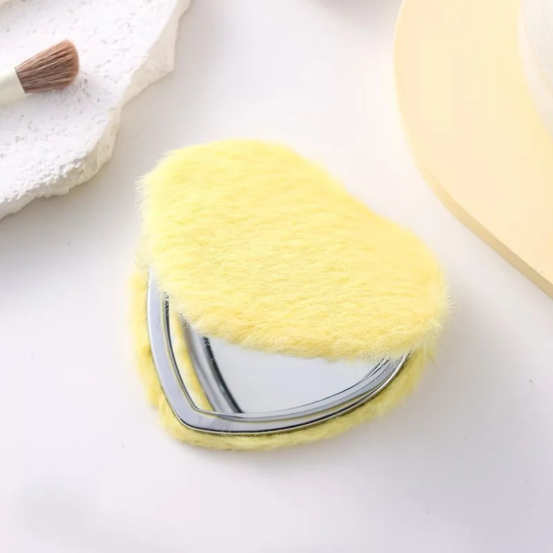 Heart-Shape Plush Double-Sided Folding Makeup Mirror | Portable Folding Makeup Mirror QXL YELLOW