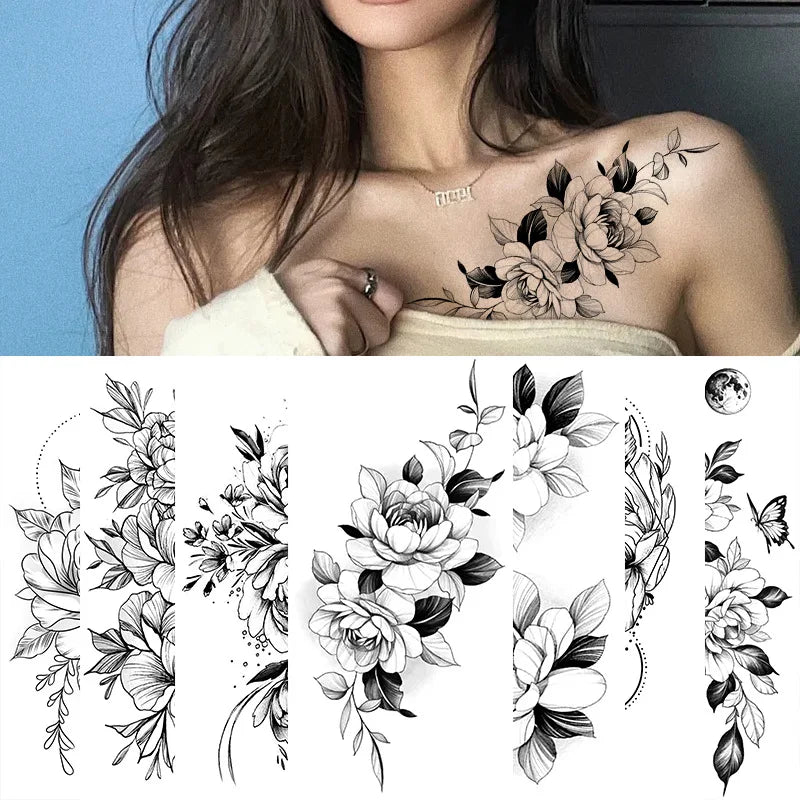 Large Black Floral Temporary Tattoo | Rose & Peony Water Transfer Temporary Tattoo Sticker QXL