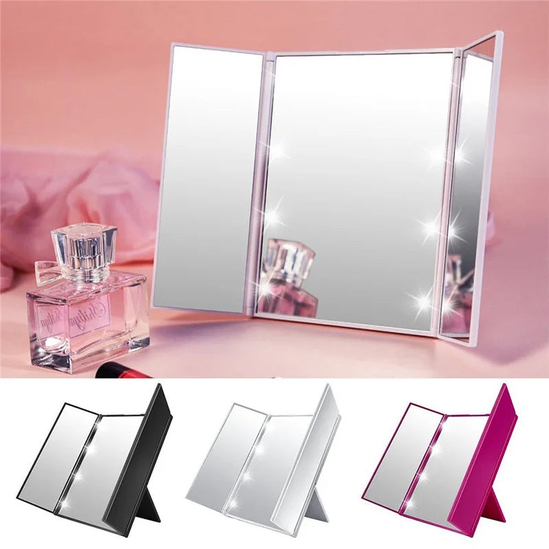 Portable LED Trifold Makeup Mirror | Foldable 3-Panel LED Makeup Mirror QXL