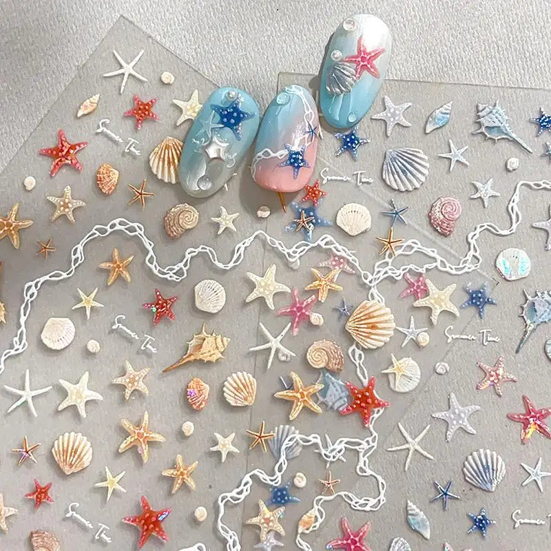 5D Embossed Seashell & Starfish Nail Stickers | Summer Decals Nail Art Stickers QXL