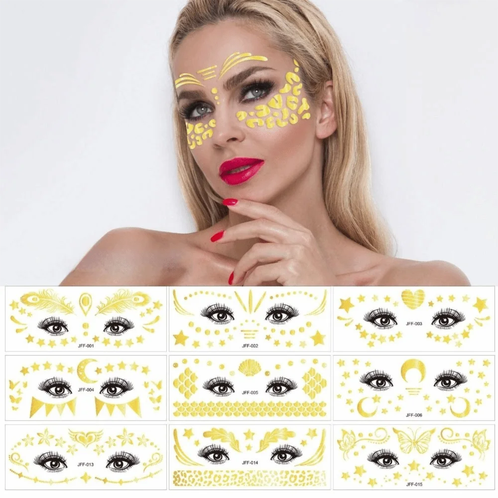Gold Glitter Face Tattoo Stickers – 15-Pack Waterproof Temporary Temporary Face Tattoos QXL