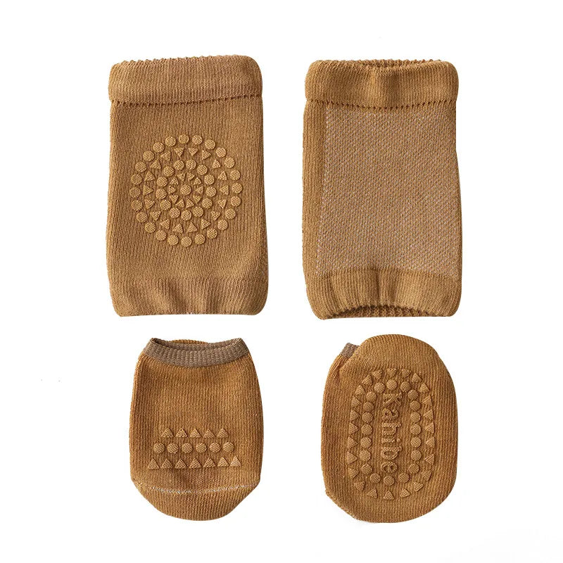 Baby Crawling Knee Pads & Anti-Slip Socks Set | Unisex 0–2Y Baby Knee Pad Socks QXL B284 Brown S(0-1Year)