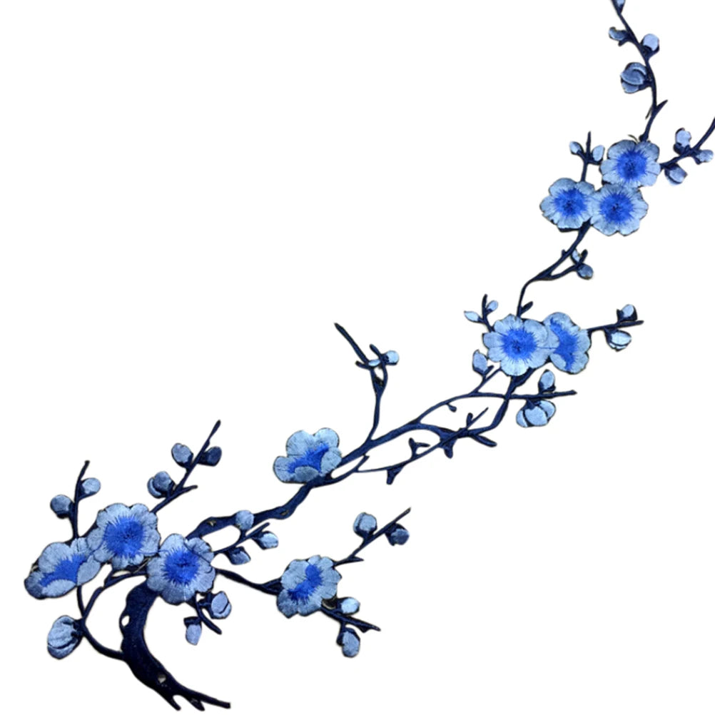 Embroidered Plum Blossom Iron-On Sew-On Fabric Patch Applique Embroidered Fabric Patch QXL Blue