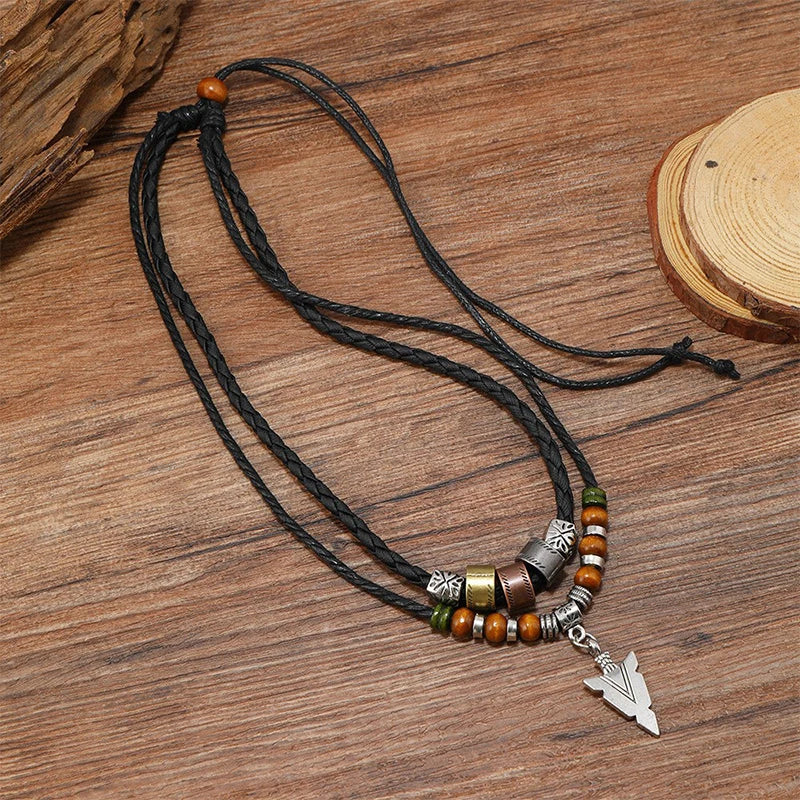Men's Vintage Layered Arrow Pendant Necklace | Leather & Bead Layered Pendant Necklace QXL Default Title