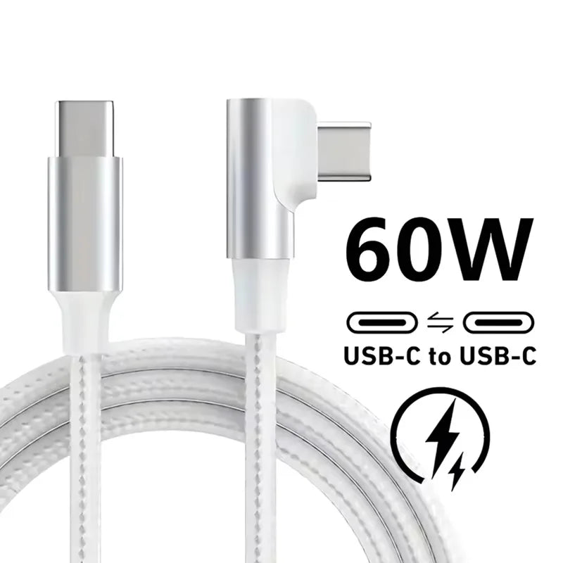 90° Elbow 60W USB-C to USB-C Fast Charge Nylon Cable USB-C Charging Cable QXL WHITE 1m