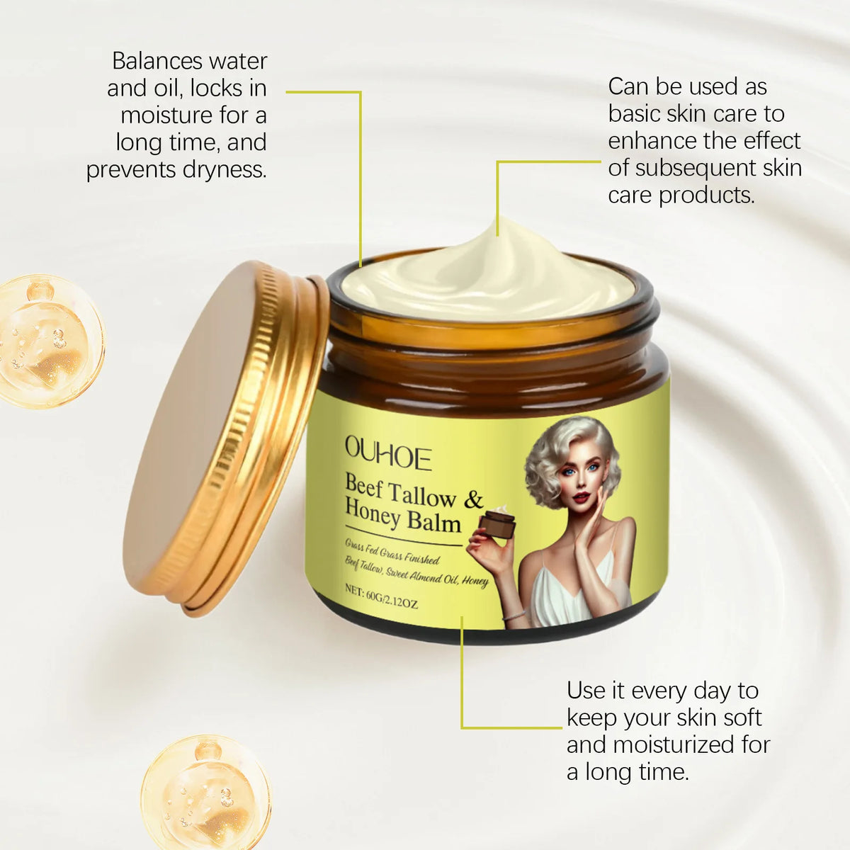 OUHOE Beef Tallow Honey Balm Facial Moisturizer Cream 60g Facial Moisturizer Cream QXL