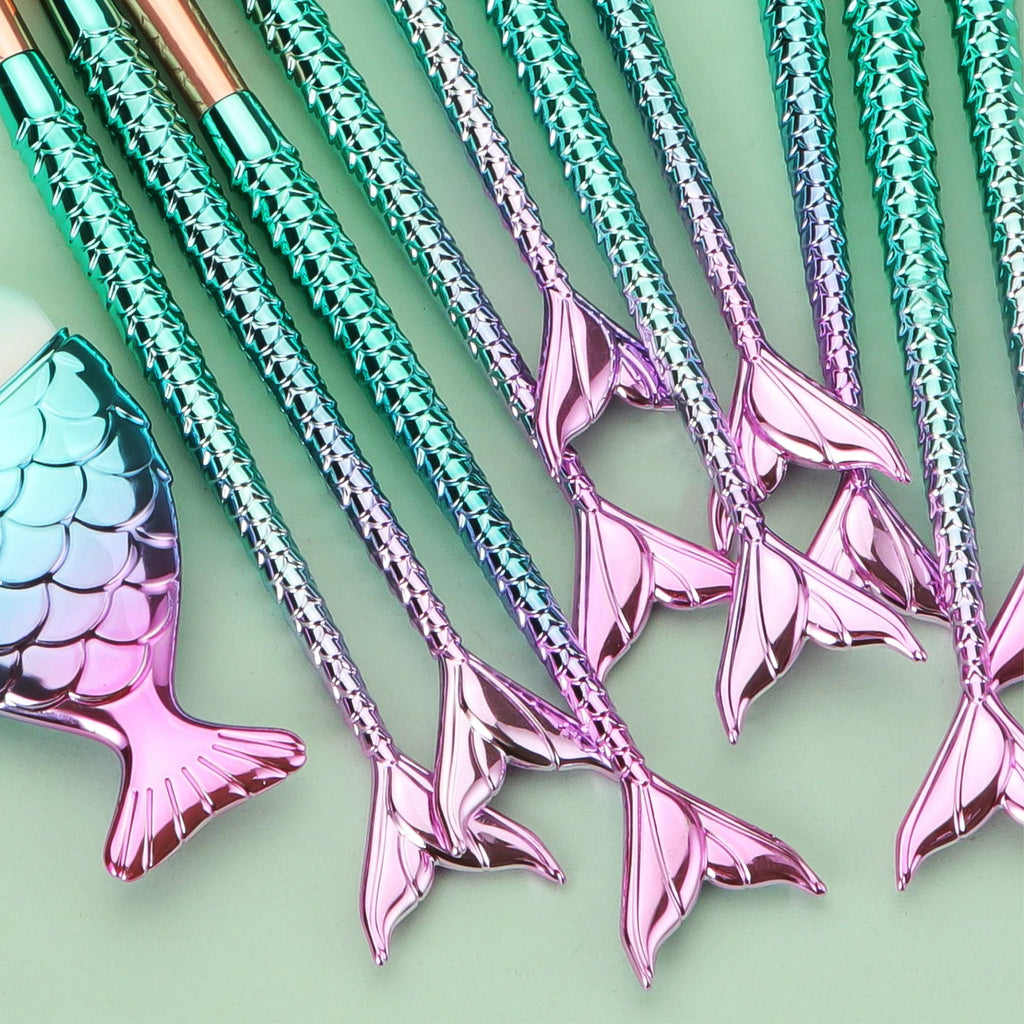 11-Pc Mermaid Makeup Brush Set | Fish Scale Gradient Handles Makeup Brush Set QXL