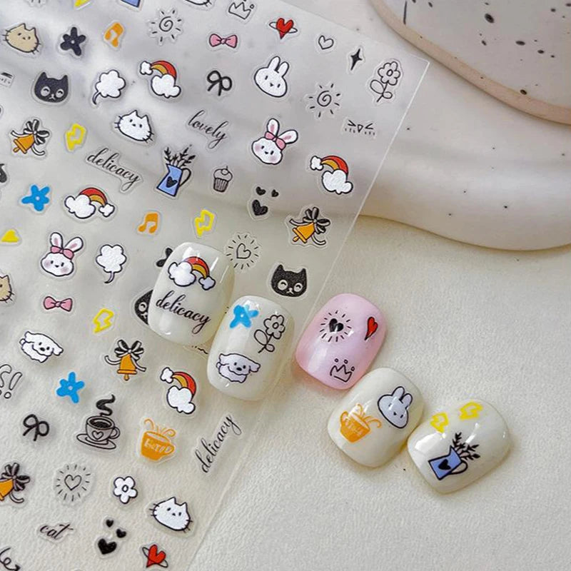 5D Embossed Cartoon Animal Nail Stickers | Cute Gel Decals Nail Art Stickers QXL