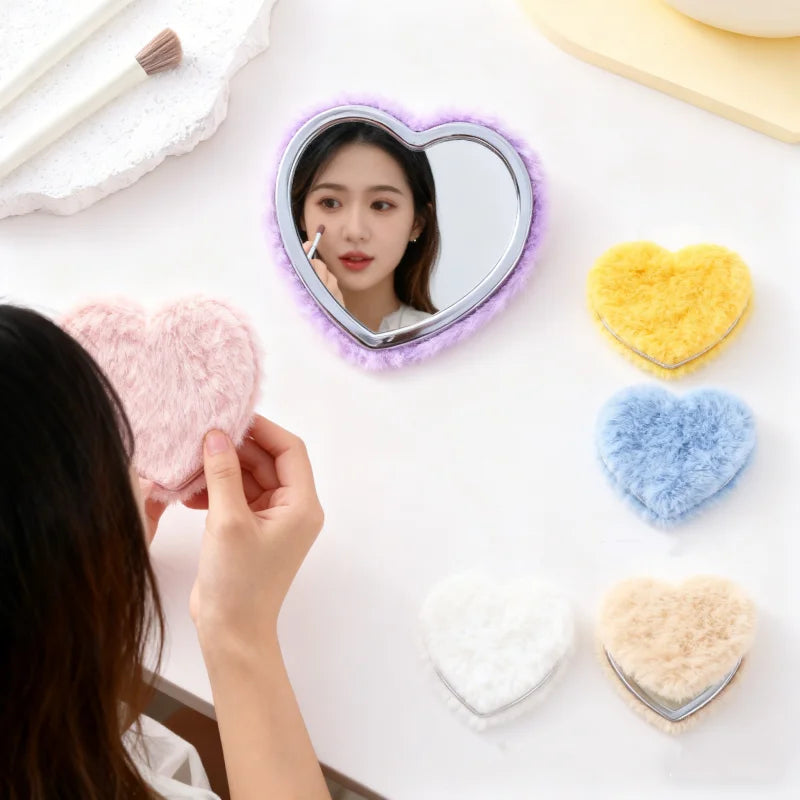 Heart-Shape Plush Double-Sided Folding Makeup Mirror | Portable Folding Makeup Mirror QXL