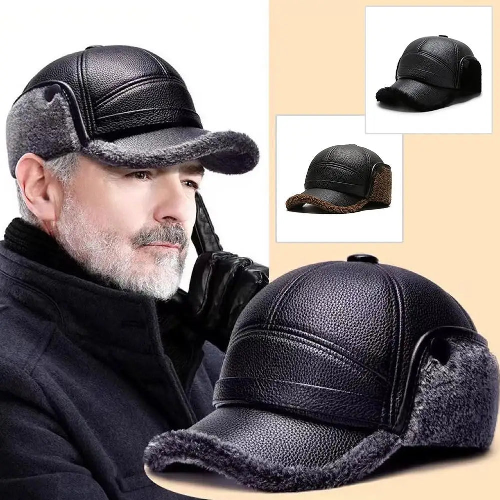 Men's Winter PU Leather Bomber Hat with Earflaps | Warm Cap Winter Bomber Hat QXL