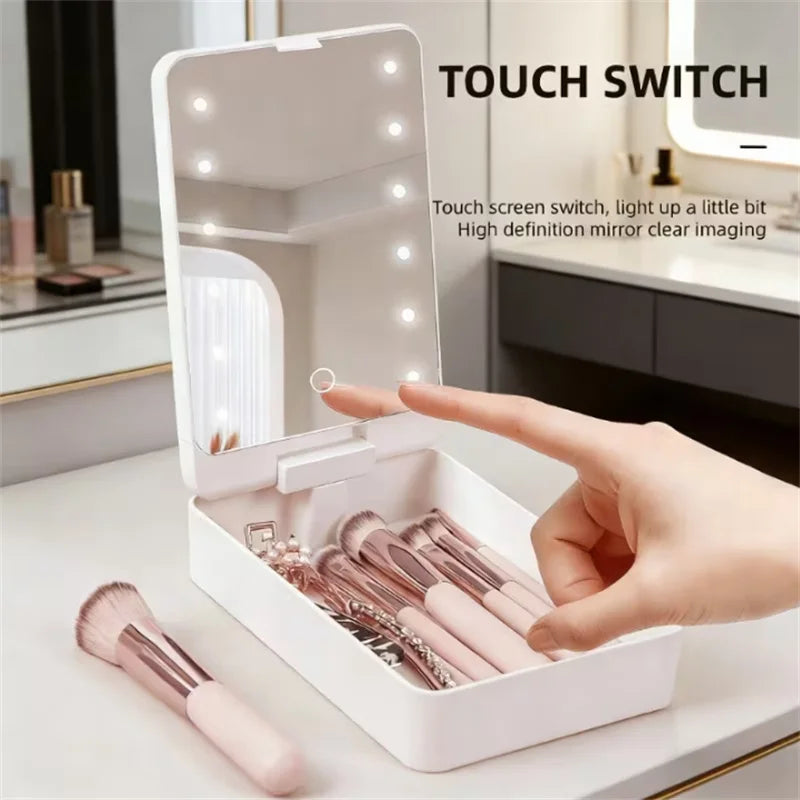 2-in-1 Makeup Brush Organizer Case with LED Mirror & USB-C Makeup Brush Organizer QXL