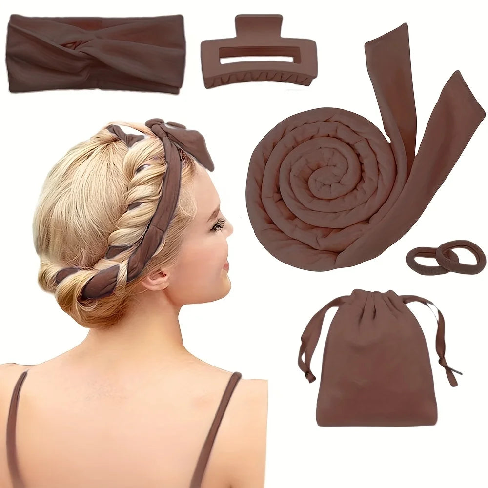 Heatless Silk Curler Kit with Sleep Mask & Shower Cap Heatless Hair Curler Kit QXL Brown 6PCS set