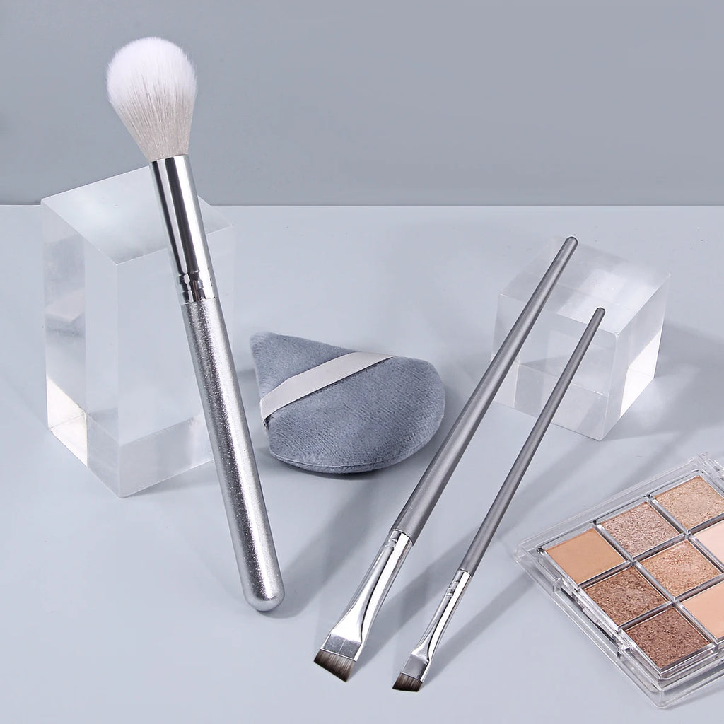 4-Pc Silver Makeup Brush Set | Highlighter, Eyebrow & Puff Makeup Brush Set QXL