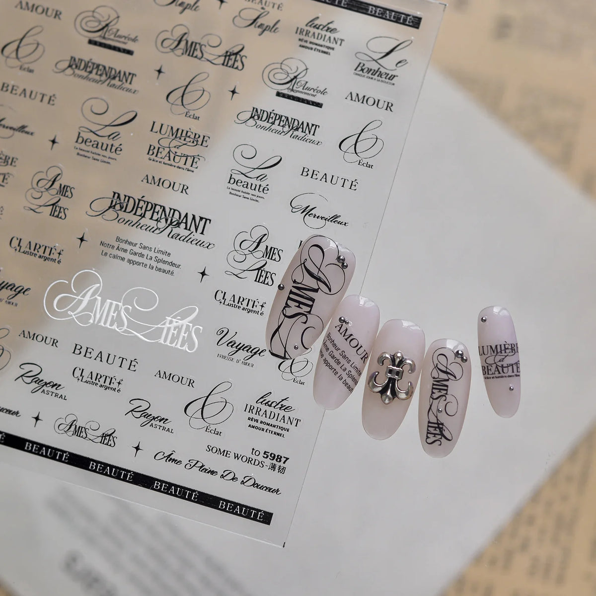 5D French Words Nail Stickers | Black & White Self-Adhesive Decals Nail Art Stickers QXL