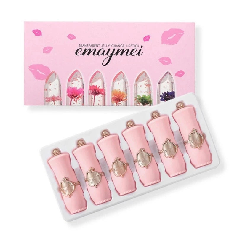 6-Pc Flower Jelly Crystal Lipstick Set | Color-Changing Lip Gloss Lipstick Set QXL