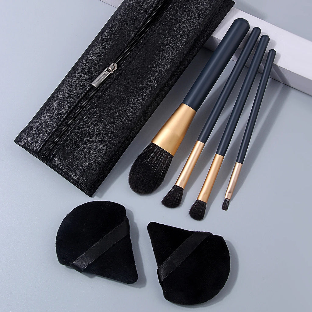 7-Piece Makeup Brush & Velvet Powder Puff Kit | Wood Handles Makeup Brush Set QXL