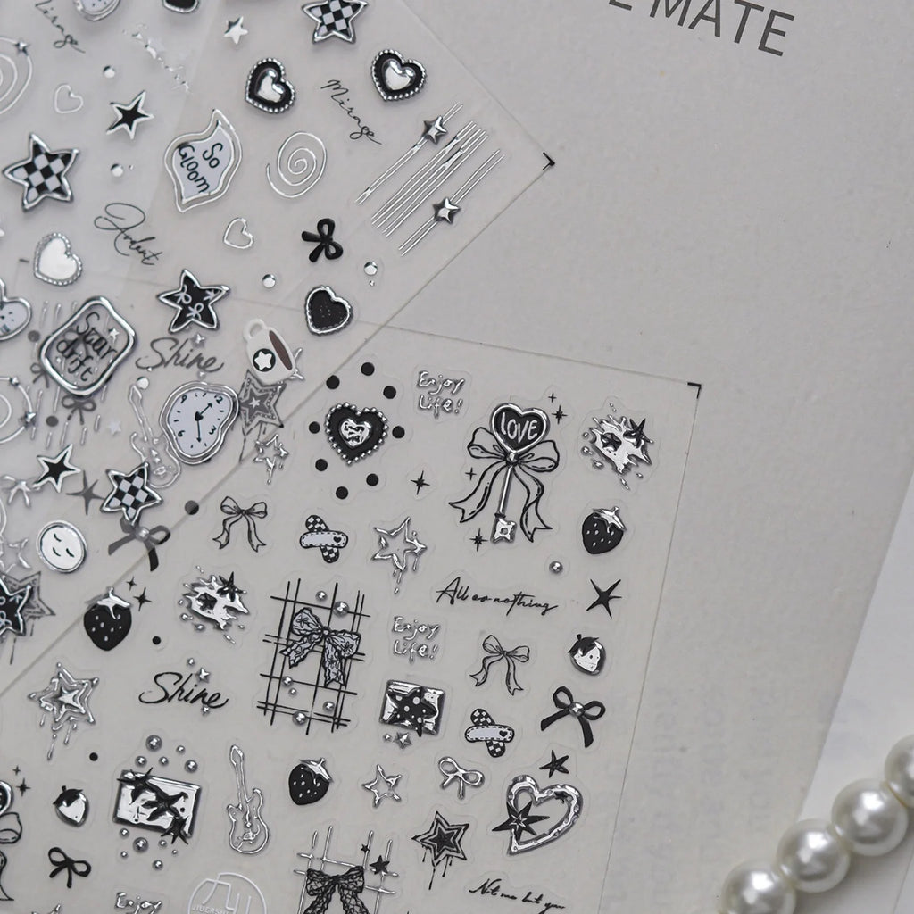 5D Mirror Metal Nail Stickers – Silver & Black Self-Adhesive Nail Art Stickers QXL