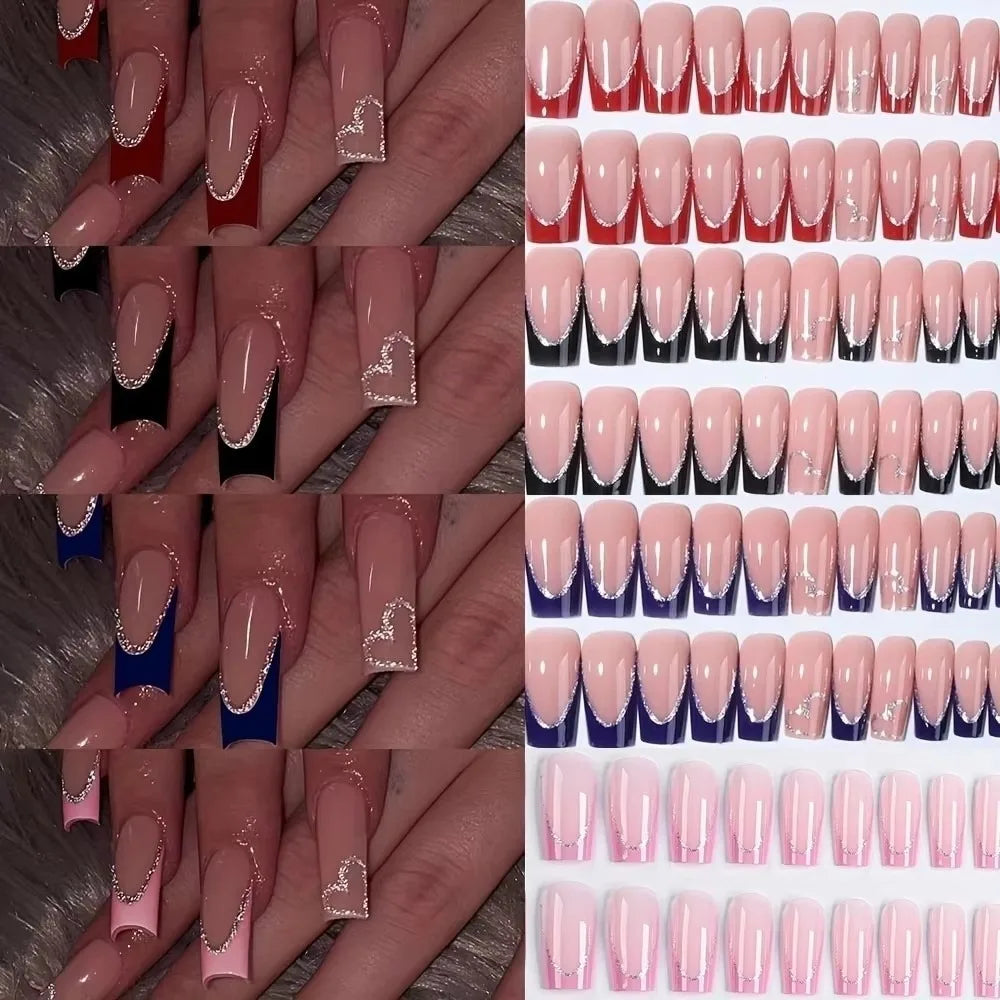 96-Pc Square Press On Nails | Silver Glitter French Style Press On Nails QXL 96PCS