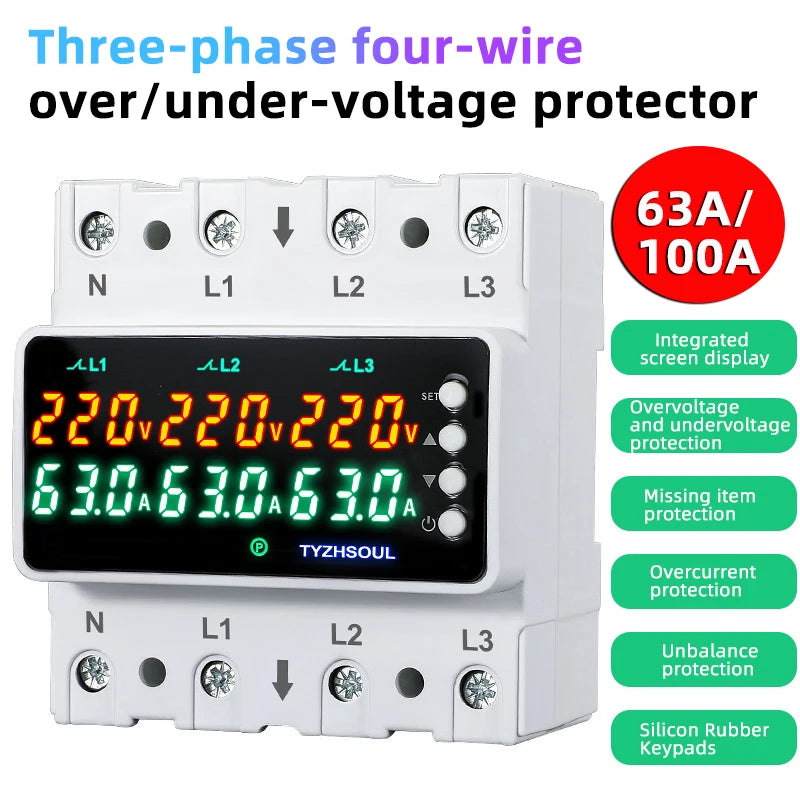 3-Phase Voltage Protector 63A/100A DIN Rail | LCD Relay Voltage Protection Relay QXL
