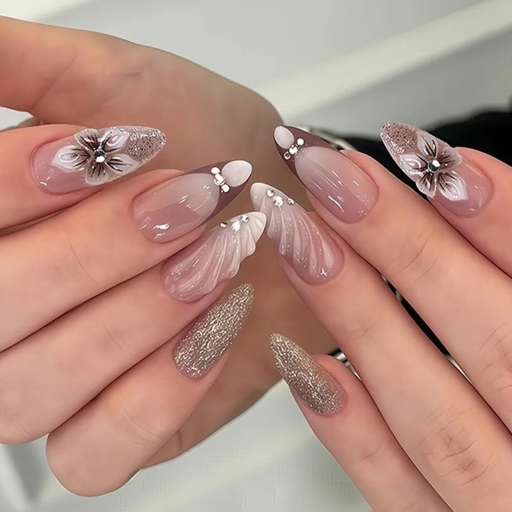 24-Pc French Almond Press-On Nails | Pink Flower False Tips Press-On Nails QXL