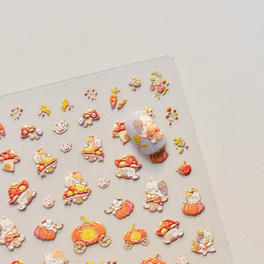 5D Kawaii Nail Stickers – Mushroom Cat & Animal Decals Nail Art Stickers QXL