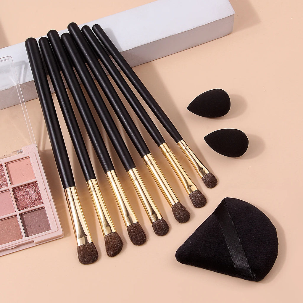 KOSSHOW 10-Pc Horsehair Eyeshadow Brush Set + Puff & Sponges Eyeshadow Brush Set QXL