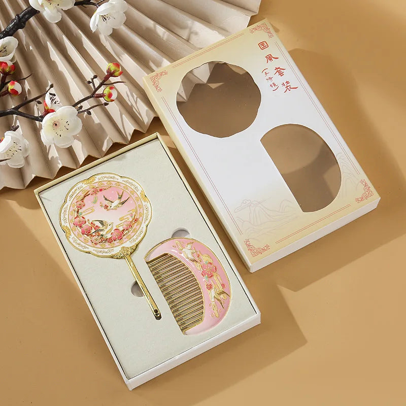 Chinese Style Metal Mirror & Comb Set | Phoenix Peony Design Handheld Mirror Set QXL B