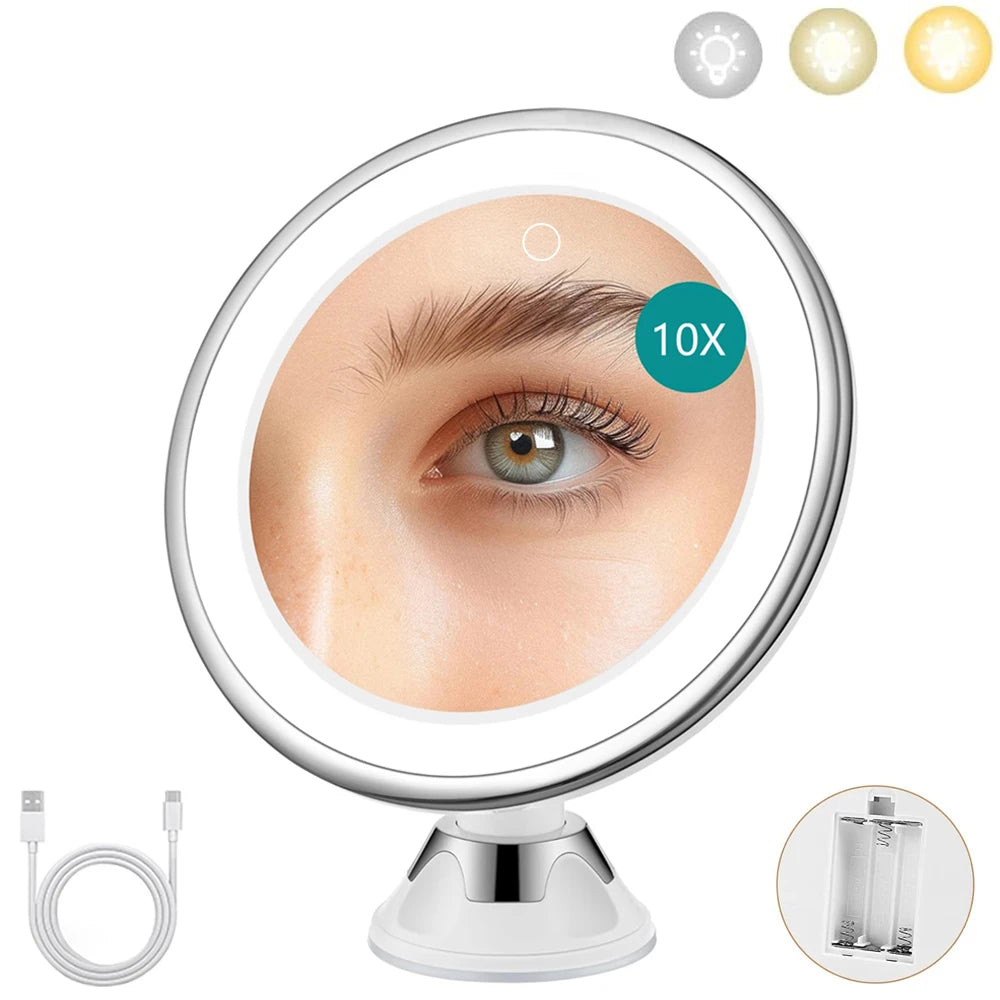 LED Makeup Mirror 10x Magnification | 3 Light Colors Dimmable LED Makeup Mirror QXL