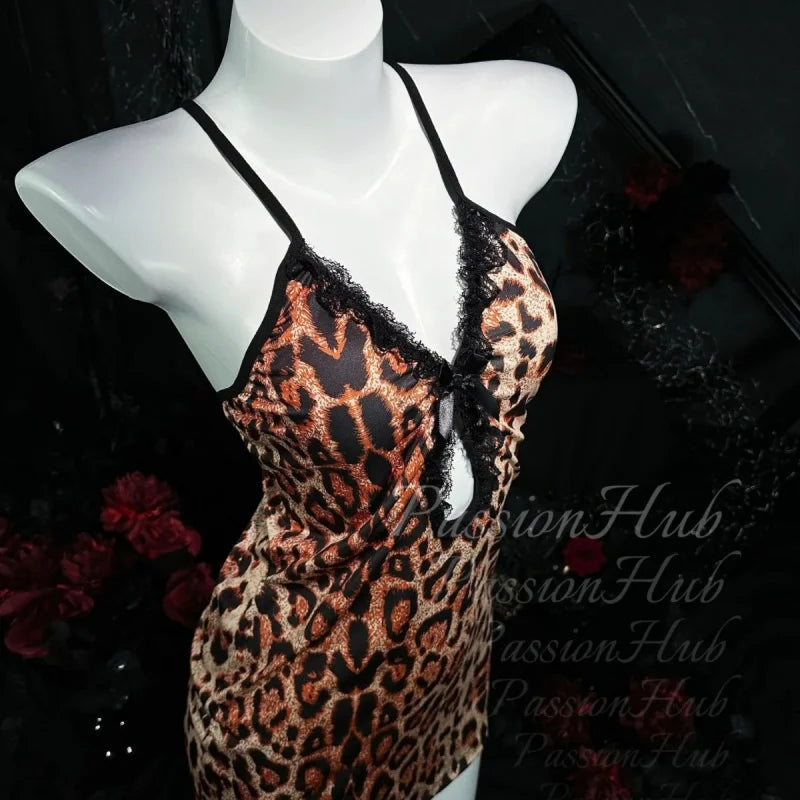 Leopard Print Lace Wrap Dress | Ladies Soft Knit Loungewear Set Wrap Dress Set QXL