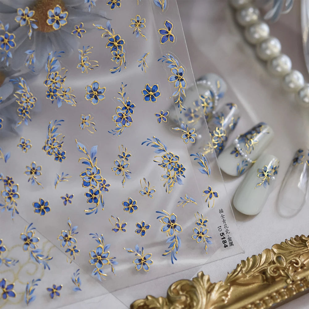 5D Blue & White Porcelain Nail Art Stickers | Gold Floral Decals Nail Art Stickers QXL