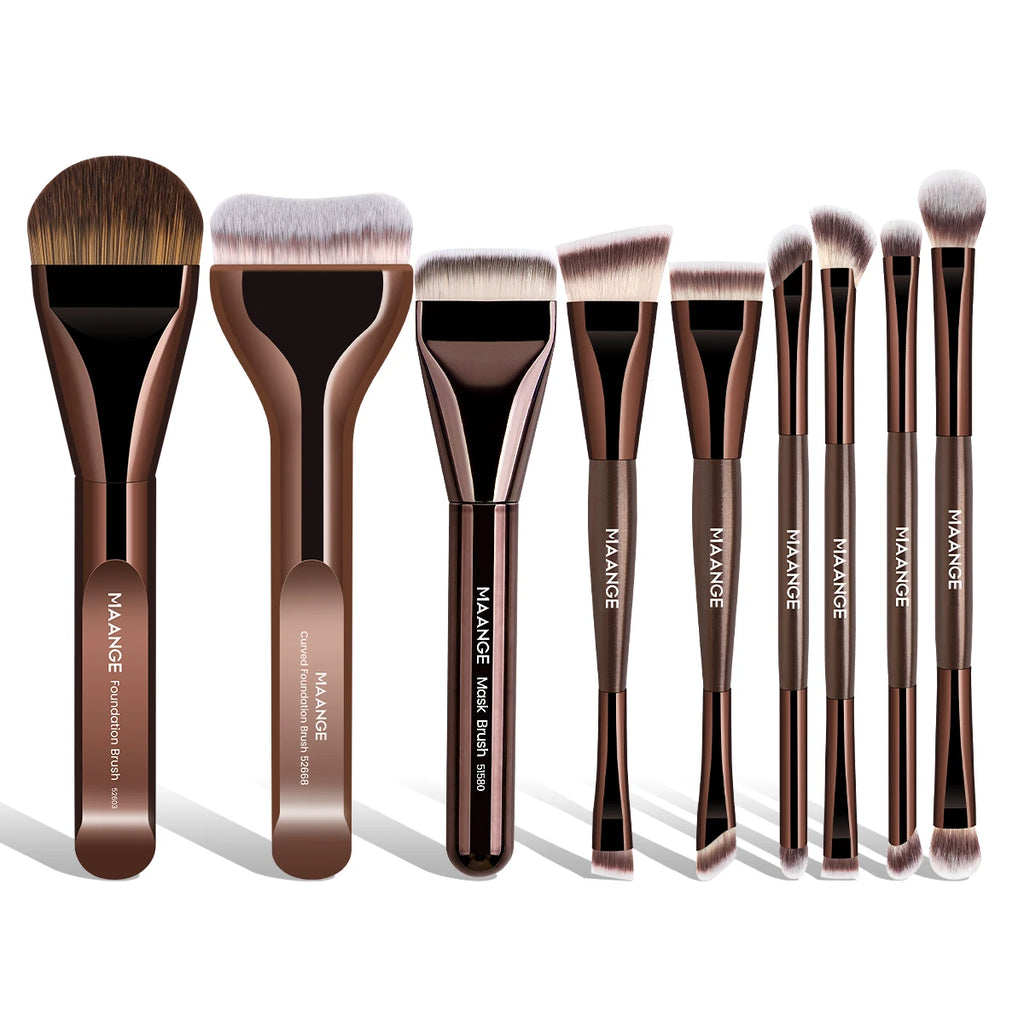 MAANGE 9-Piece Synthetic Makeup Brush Set | Beginner Kit Makeup Brush Set QXL Coffee Brown