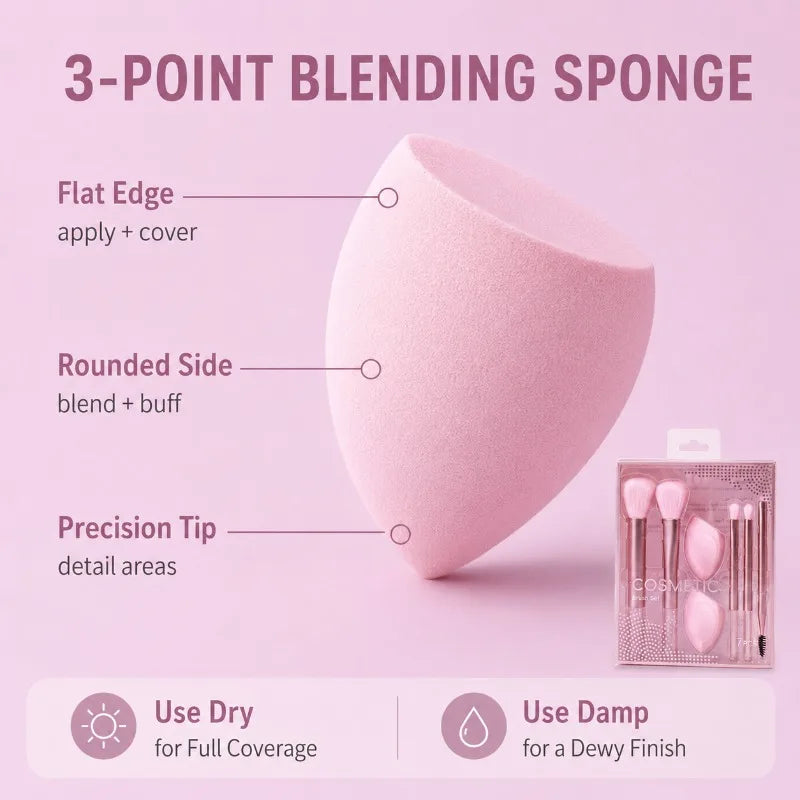 7-Piece Makeup Brush & Sponge Set | Rose Gold Handle Makeup Brush Set QXL