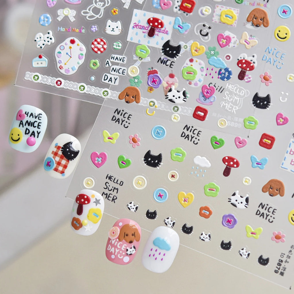 5D Cartoon Nail Stickers – Cat, Heart, Mushroom & Bow Decals Nail Art Stickers QXL