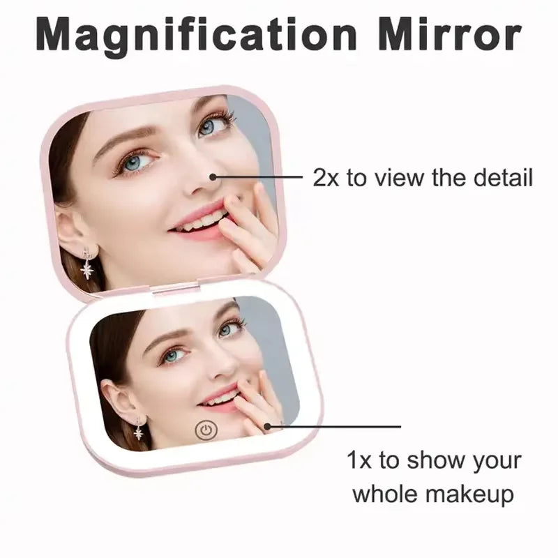 2X Magnifying LED Compact Makeup Mirror | Portable Folding LED Compact Mirror QXL