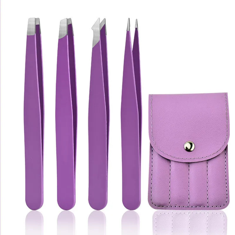 4-Piece Stainless Steel Tweezers Set | Eyebrow & Lash Kit Tweezers Set QXL PURPLE