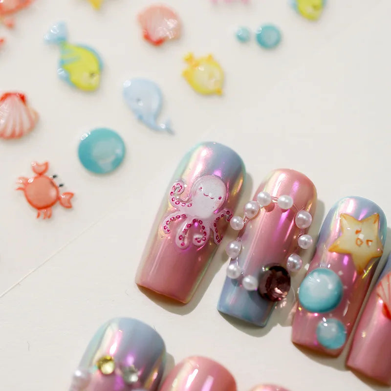 5D Embossed Ocean Nail Stickers | Kawaii Sea Shell Manicure Decals Nail Art Stickers QXL